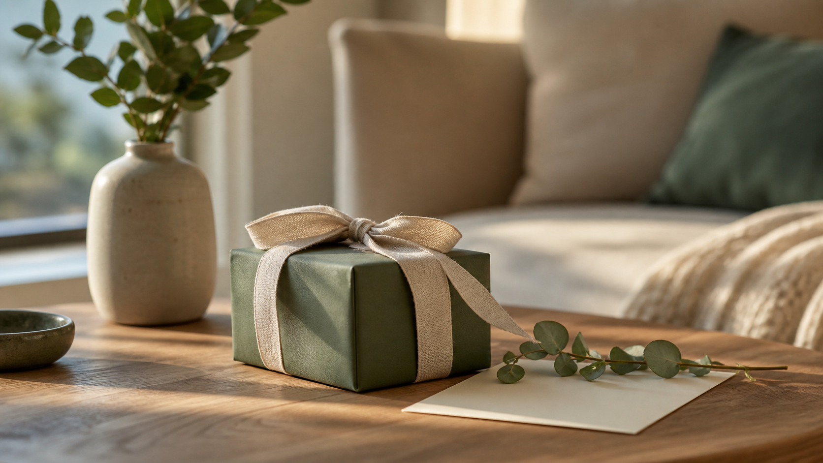 Thoughtfully wrapped green gift on a sunlit table